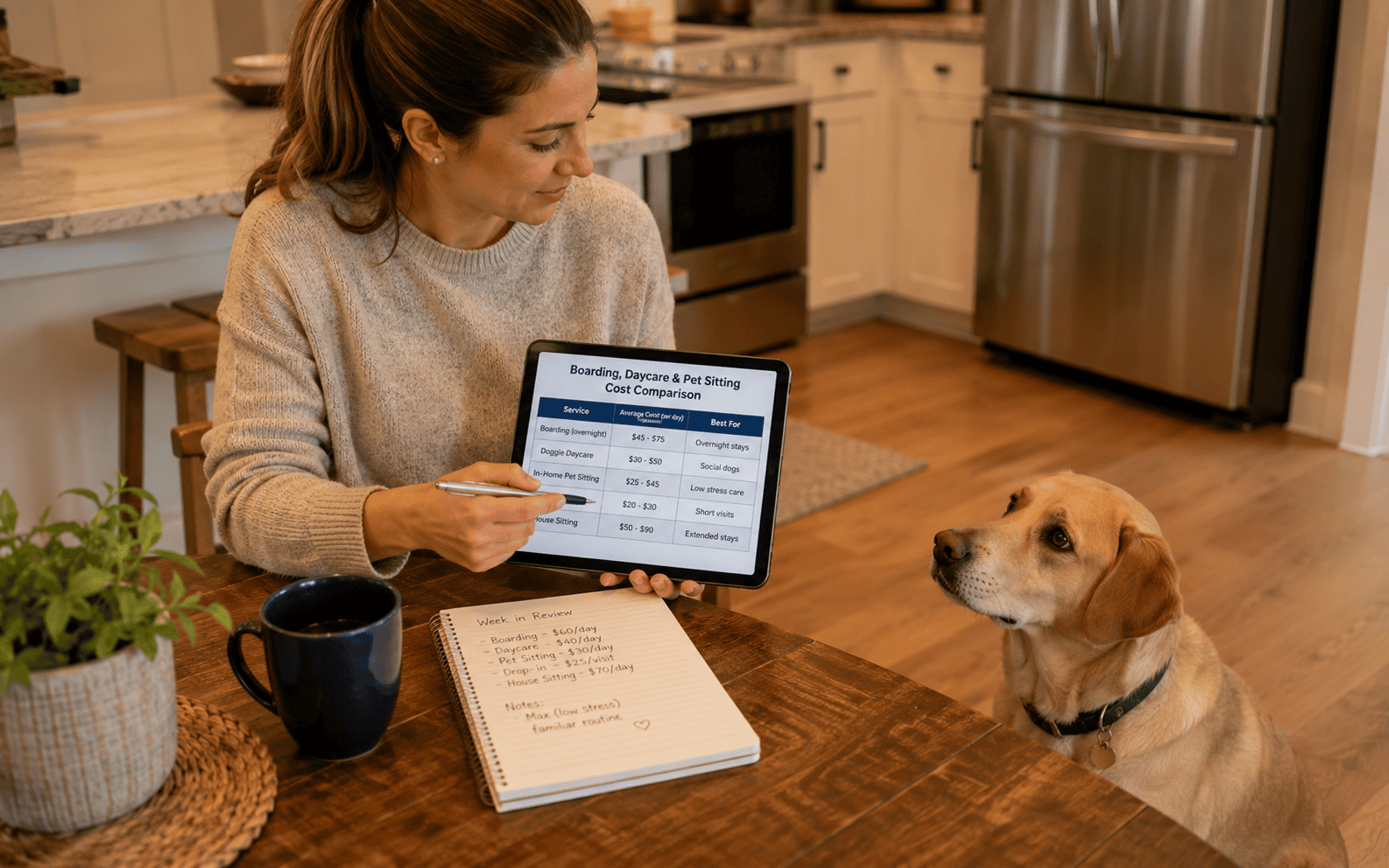 Dog Boarding vs. Pet Sitting: Which Option Is Right for Your Dog? 3 A woman displays a pet sitting cost chart on her tablet to a yellow dog by the kitchen table.