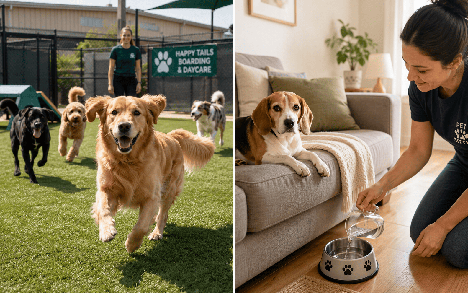 Dog boarding vs pet sitting comparison showing a dog at a boarding facility and a dog at home with a sitter