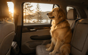 A golden retriever enjoys a car ride at sunset, gazing out the window by a lake in the back seat.