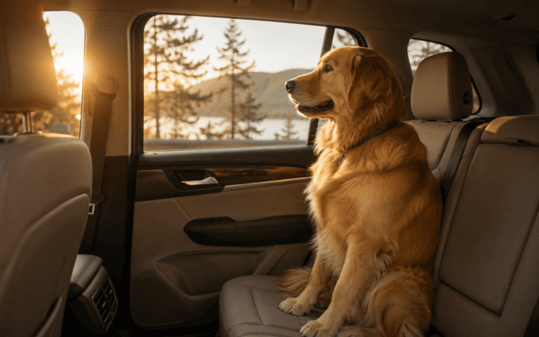 A golden retriever enjoys a car ride at sunset, gazing out the window by a lake in the back seat.