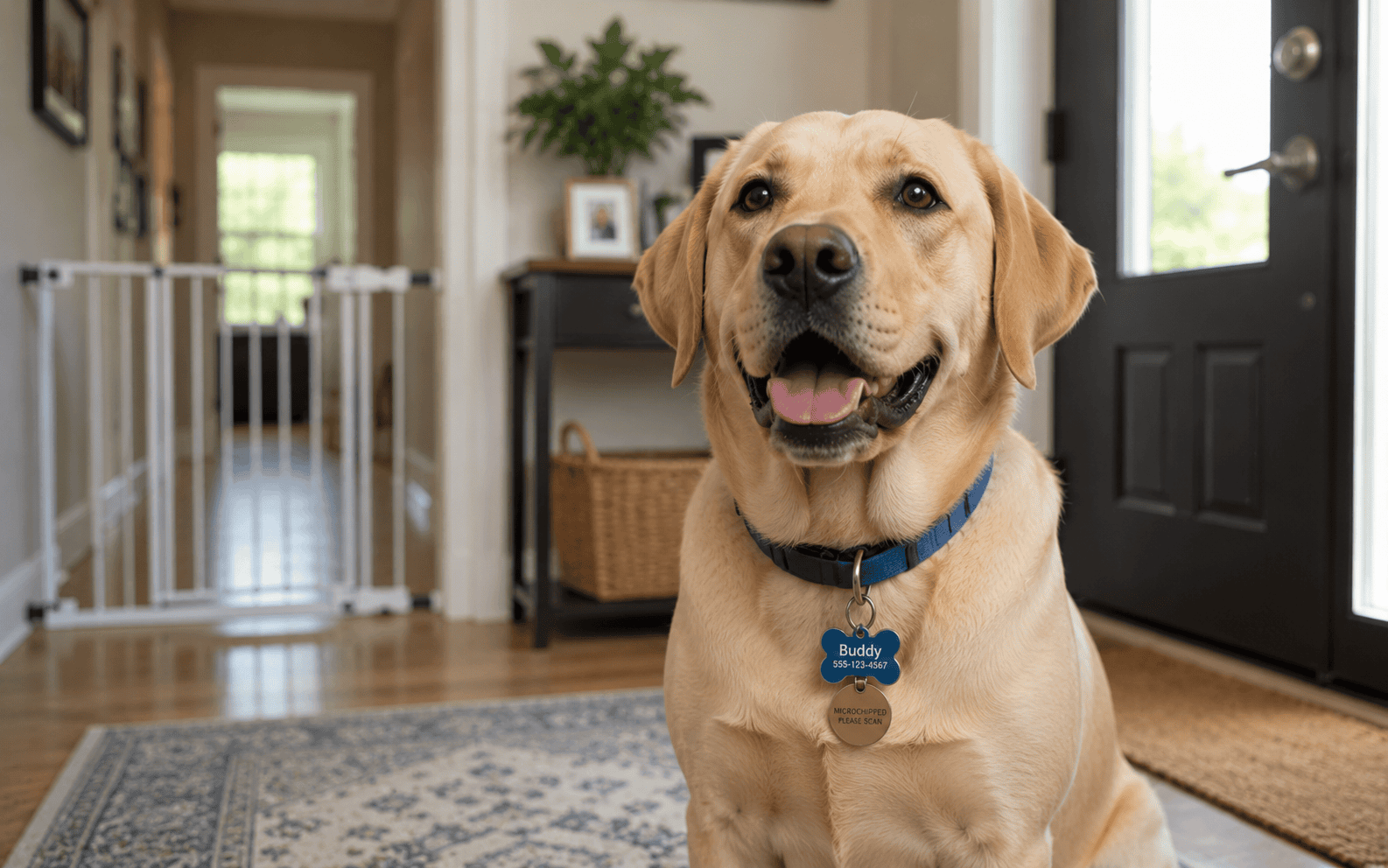 Door Dashing Prevention Dog Training: Stop Your Dog From Bolting Out the Front Door 5 A yellow Labrador with a blue collar sits in a bright entryway featuring a rug and baby gate behind.