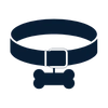 Board and Train Long Island 7 Dark dog collar with a bone-shaped tag on a light background, pet accessory image for SEO and accessibility.