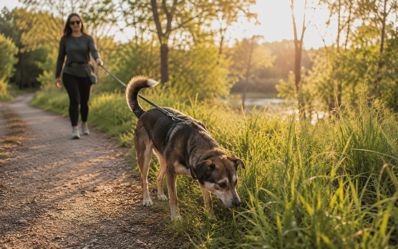 A woman walks her dog on a leash along a sunny, tree-lined path as the dog sniffs the green grass.