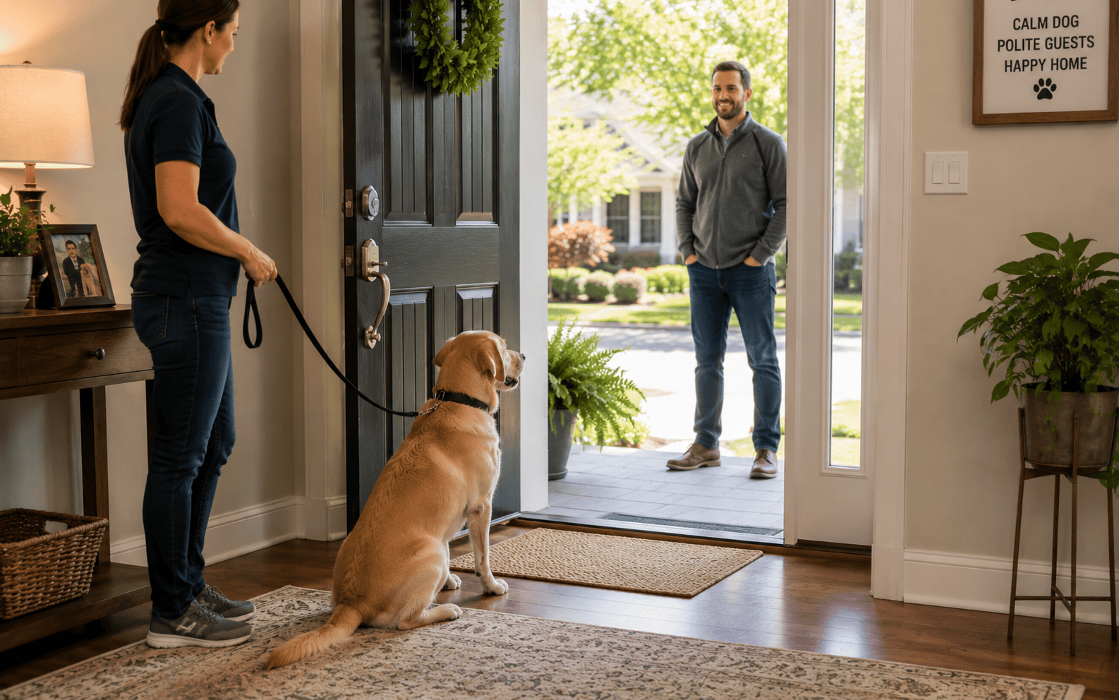 A woman with a dog on a leash greets a man outside the open front door of her home.