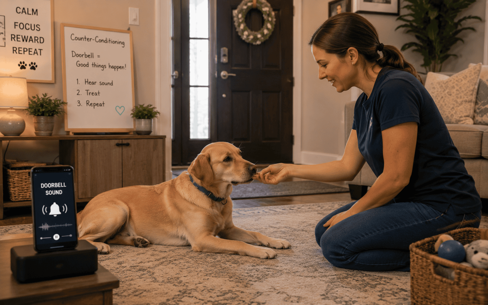 A woman trains her dog using treats while a doorbell sound plays from her phone, with instructions nearby.