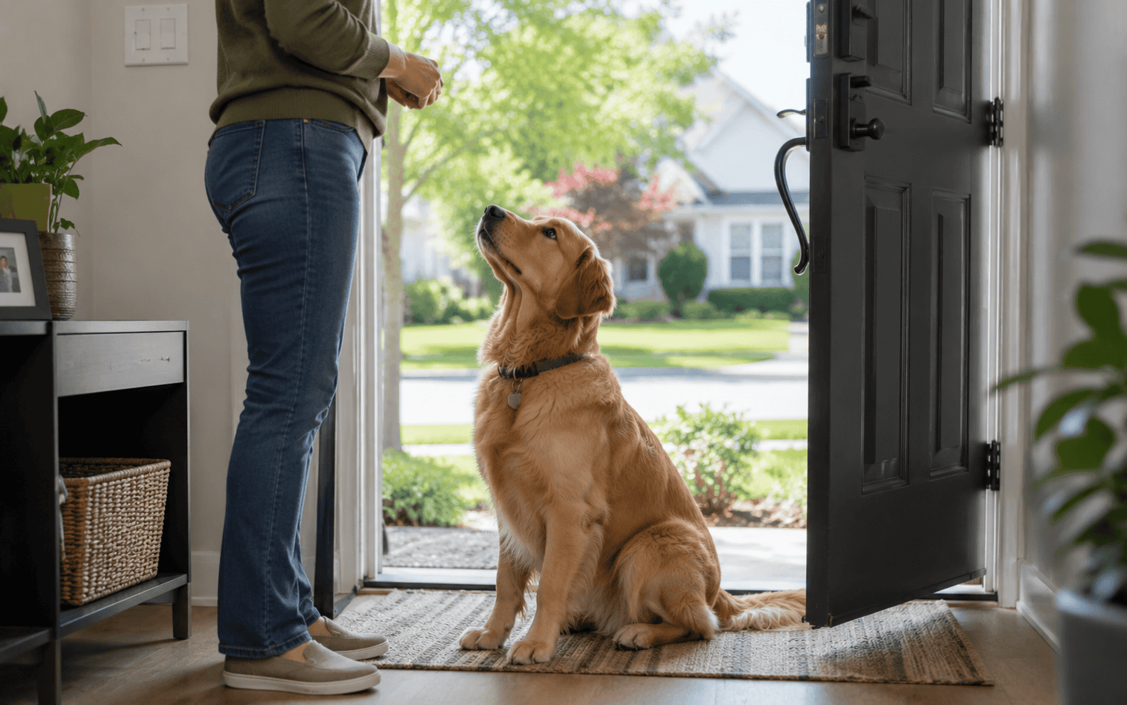Door Dashing Prevention Dog Training: Stop Your Dog From Bolting Out the Front Door 2 A golden retriever waits by an open door in a bright entryway, gazing up at a person offering a treat.