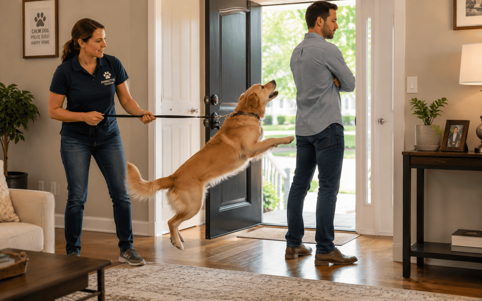 A woman holds a dog’s leash as the excited dog jumps toward a man with crossed arms by an open door.
