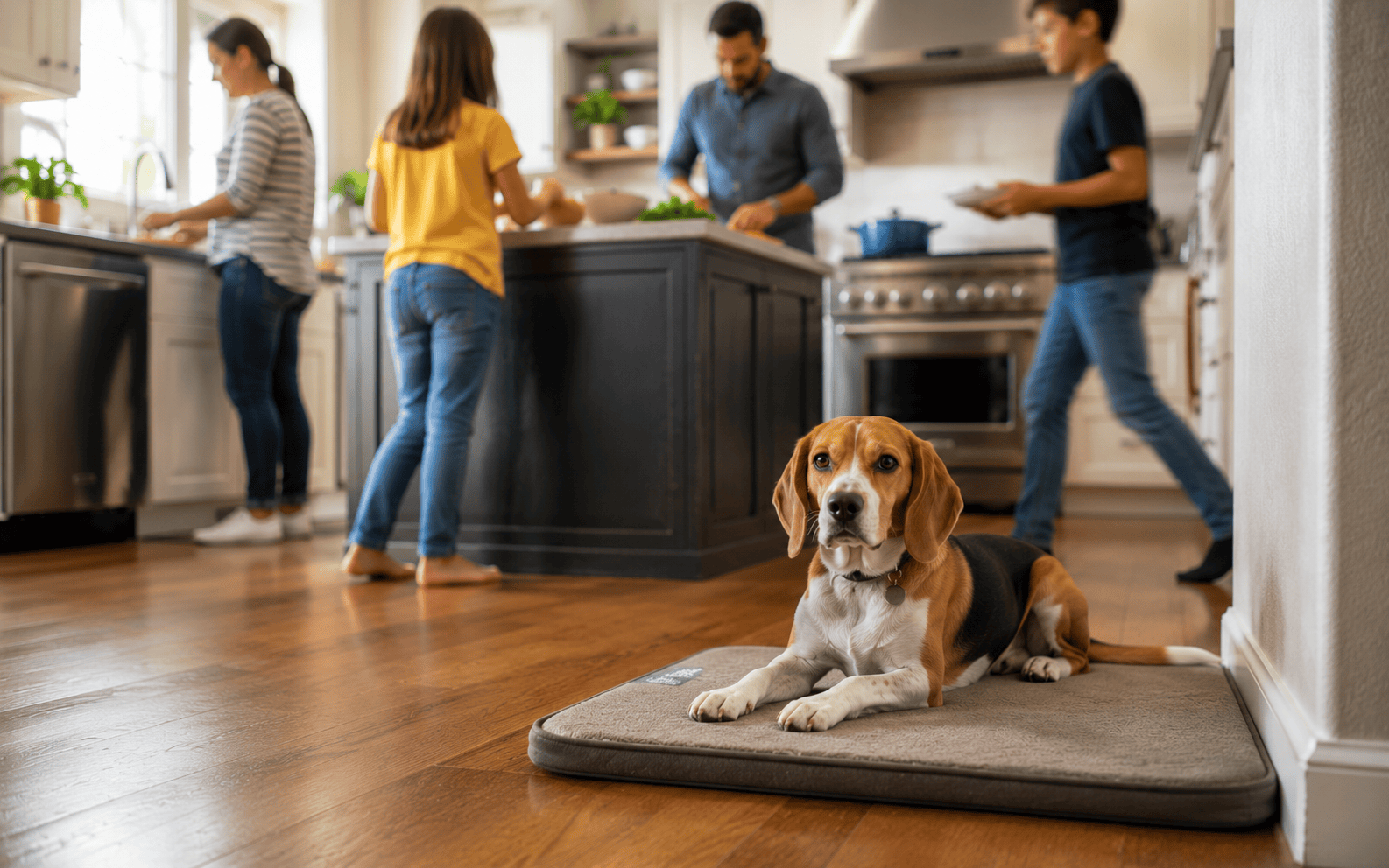 Teaching a Dog to Settle on a Mat: Steps, Tips, and Common Mistakes 4 dog holding settle on mat with distractions