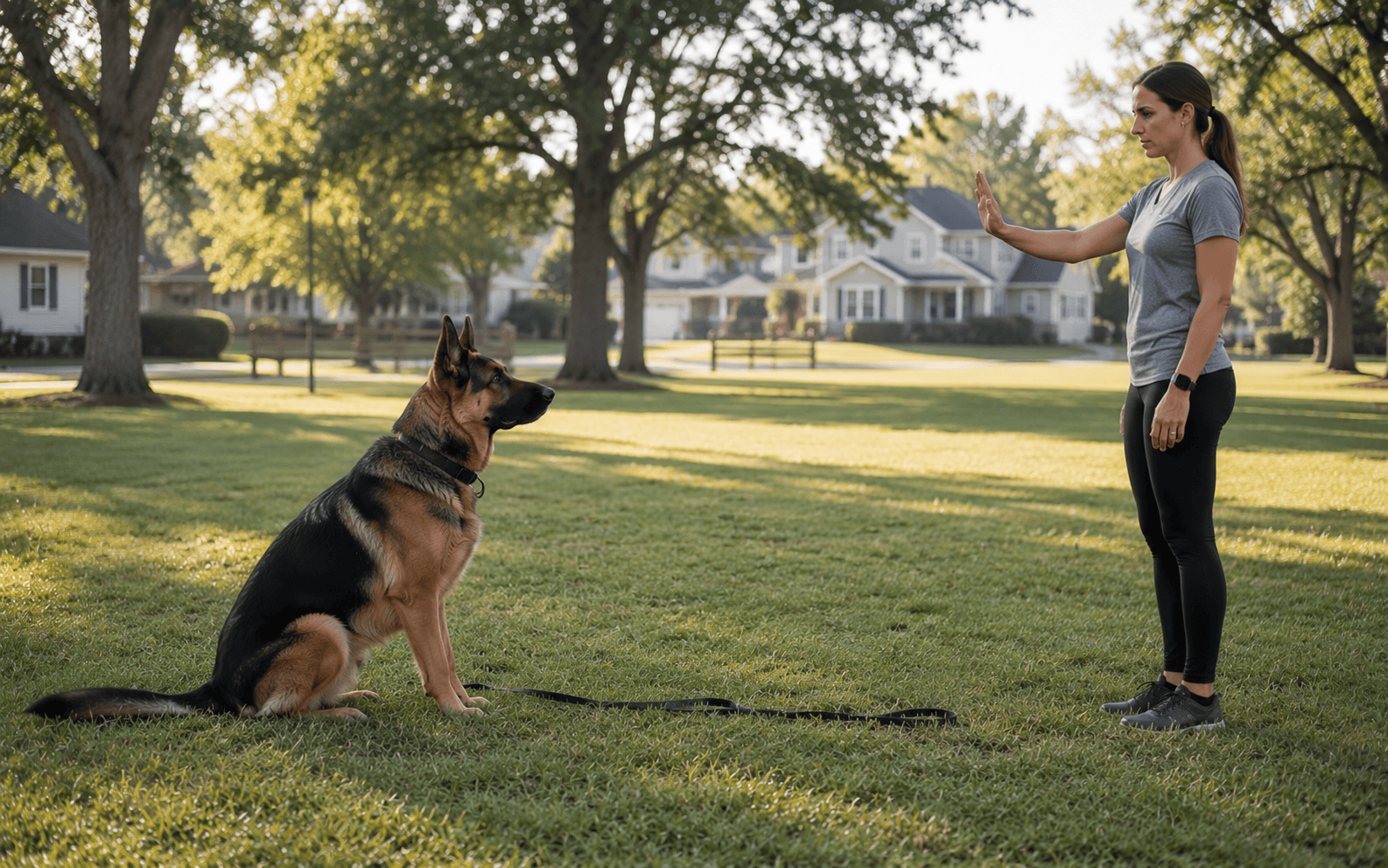 Dog practicing sit and stay command during obedience training before going off leash