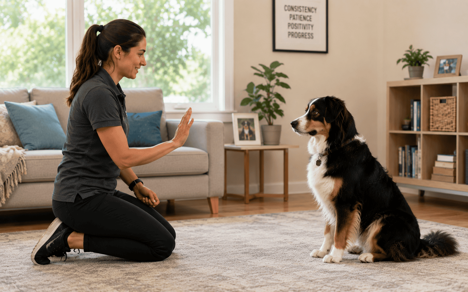 Board and Train for Fearful Dogs: What Really Happens and What to Expect 5 A woman kneels on a rug in the living room, giving a hand signal as her dog sits and looks at her.