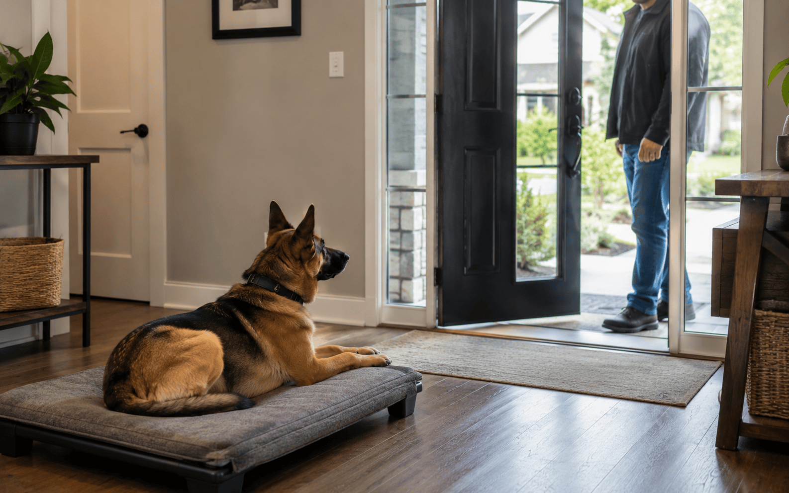 Obedience Training for Aggressive Dogs: Methods, Programs, and What Actually Works 2 A German Shepherd lies on a dog bed, watching someone stand by the open front door of the home.