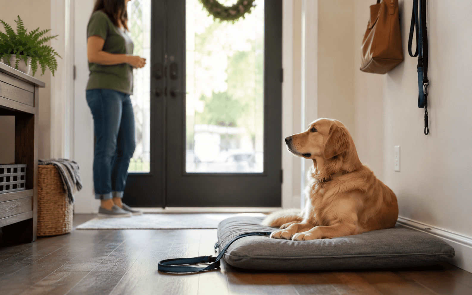 Door Dashing Prevention Dog Training: Stop Your Dog From Bolting Out the Front Door 3 A golden retriever relaxes on its dog bed by the door while a woman waits in the entryway.