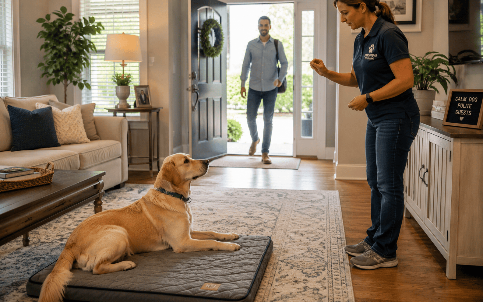 A trainer and dog on a mat greet a man entering the cozy, well-lit living room through the front door.