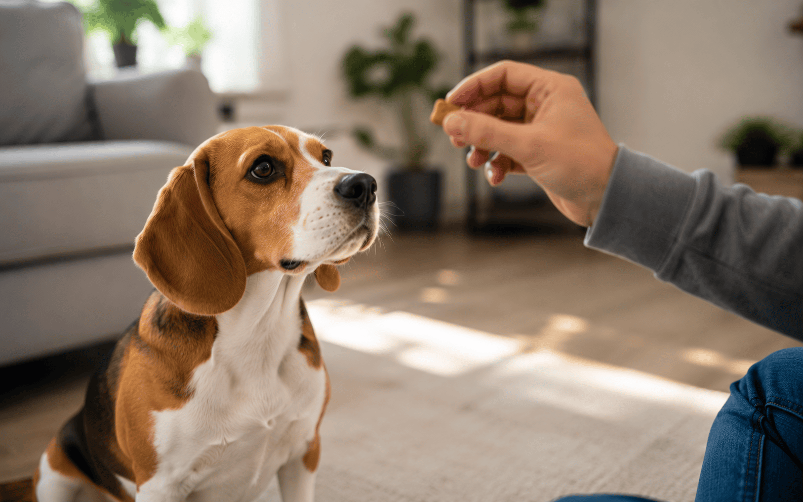 Online Dog Training Courses Benefits: What Every Dog Owner Should Know Before Enrolling 5 Beagle dog sitting attentively on a rug indoors as a person holds a treat in front of its face.