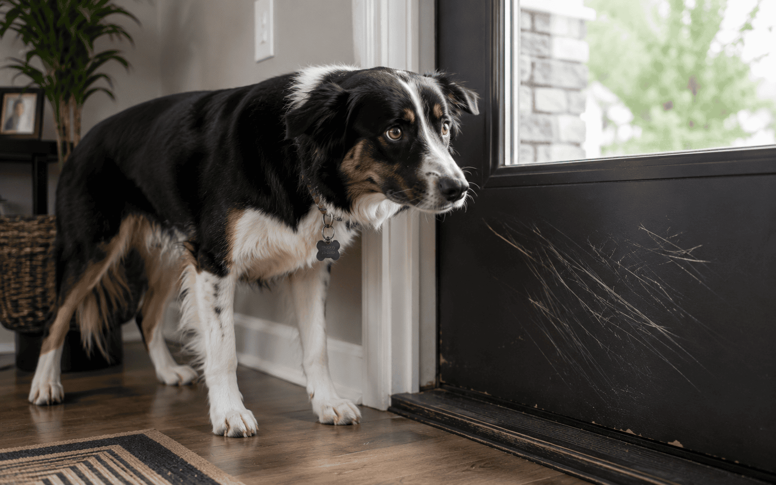 A black, brown, and white dog stands by a scratched door, anxiously looking outside for its owner.