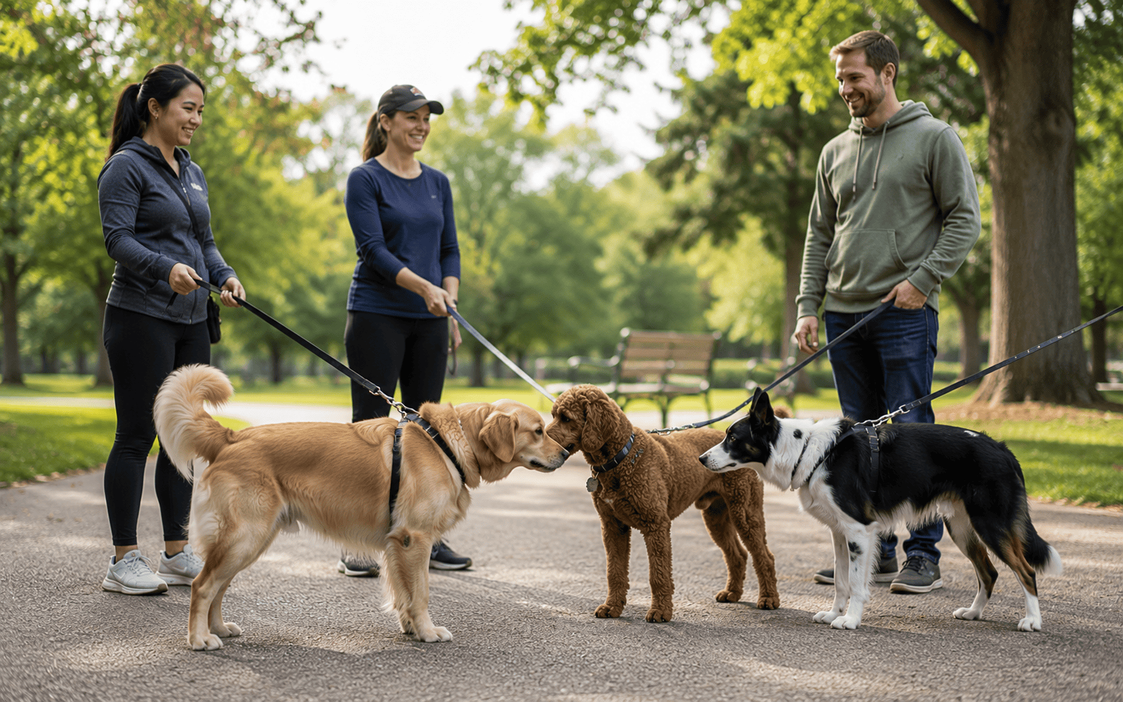 What Are Group Dog Training Classes and When Should You Enroll 2 Three people with three dogs on leashes meet in a sunny park surrounded by green trees and benches.