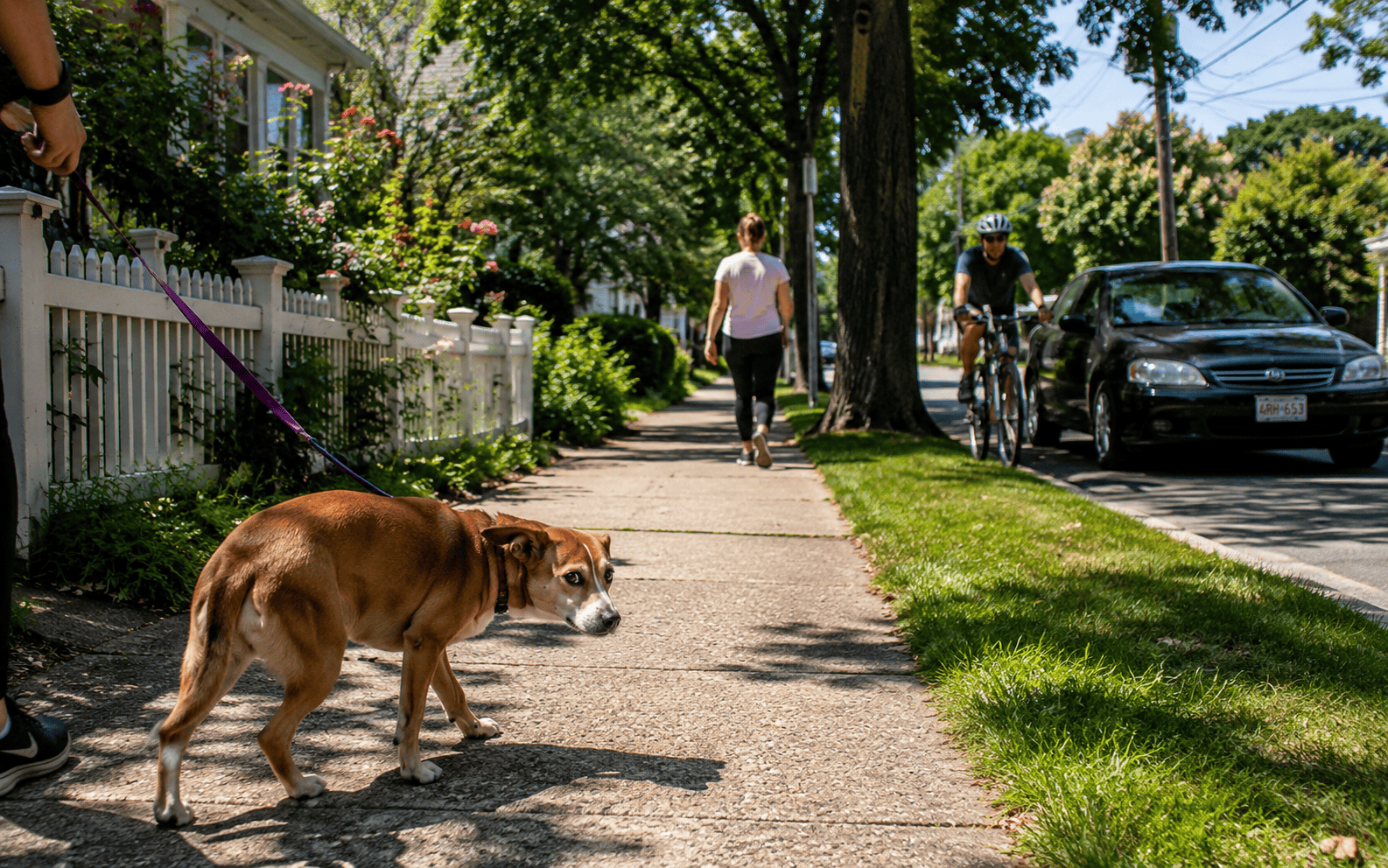 A brown dog on a leash walks along a sunny sidewalk while people walk and bike in the background.