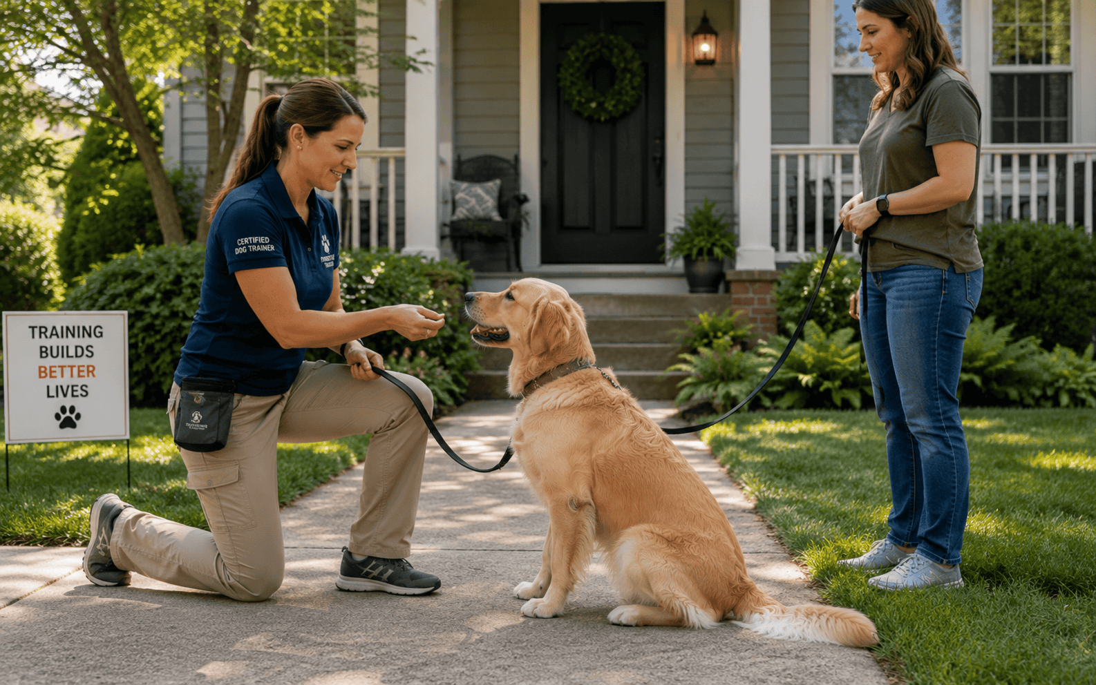 A dog trainer kneels outside a house, giving a treat to a sitting dog while the owner holds the leash.