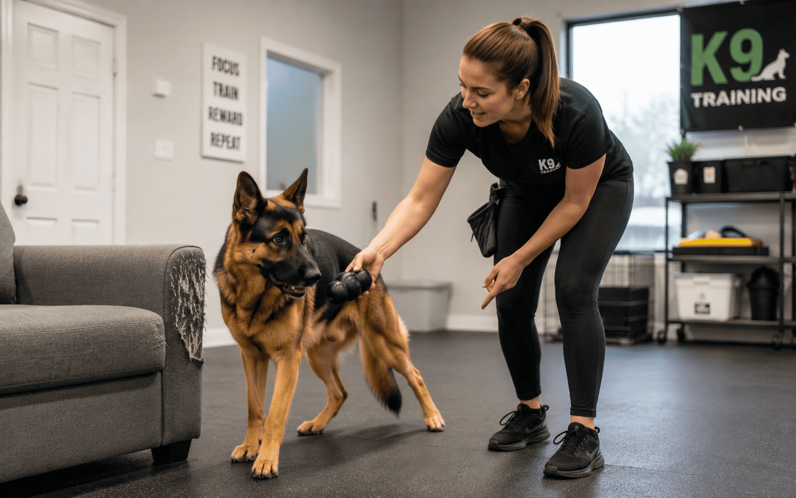 A woman in a K9 shirt trains a German Shepherd with a toy in an indoor K9 training room with signs.