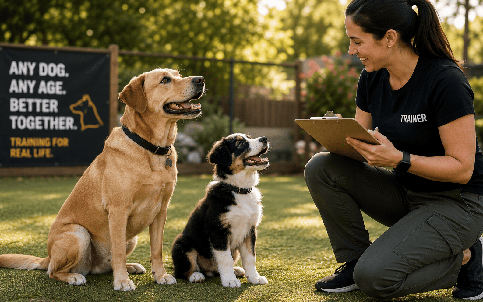 Training Puppies vs. Adult Dogs: What Actually Changes and Why It Matters 5 A dog trainer with a clipboard kneels on grass, smiling at two dogs during an outdoor training session.
