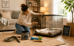 Woman kneels beside a dog crate in a cozy living room with dog toys, leash, and treats on the rug.