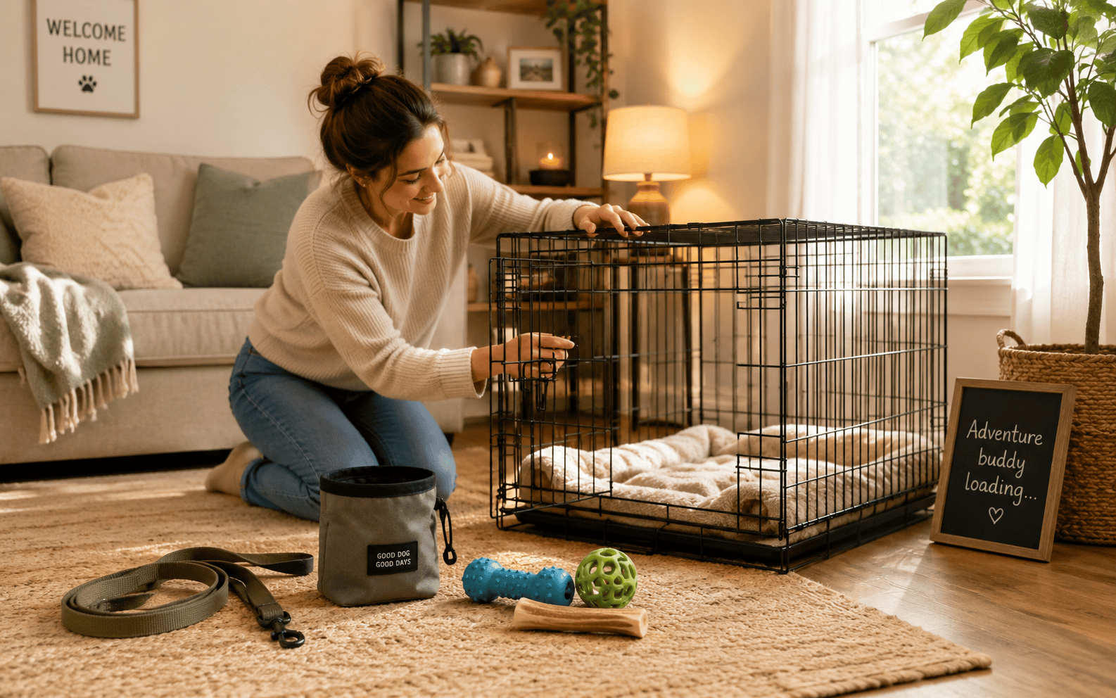 Woman kneels beside a dog crate in a cozy living room with dog toys, leash, and treats on the rug.