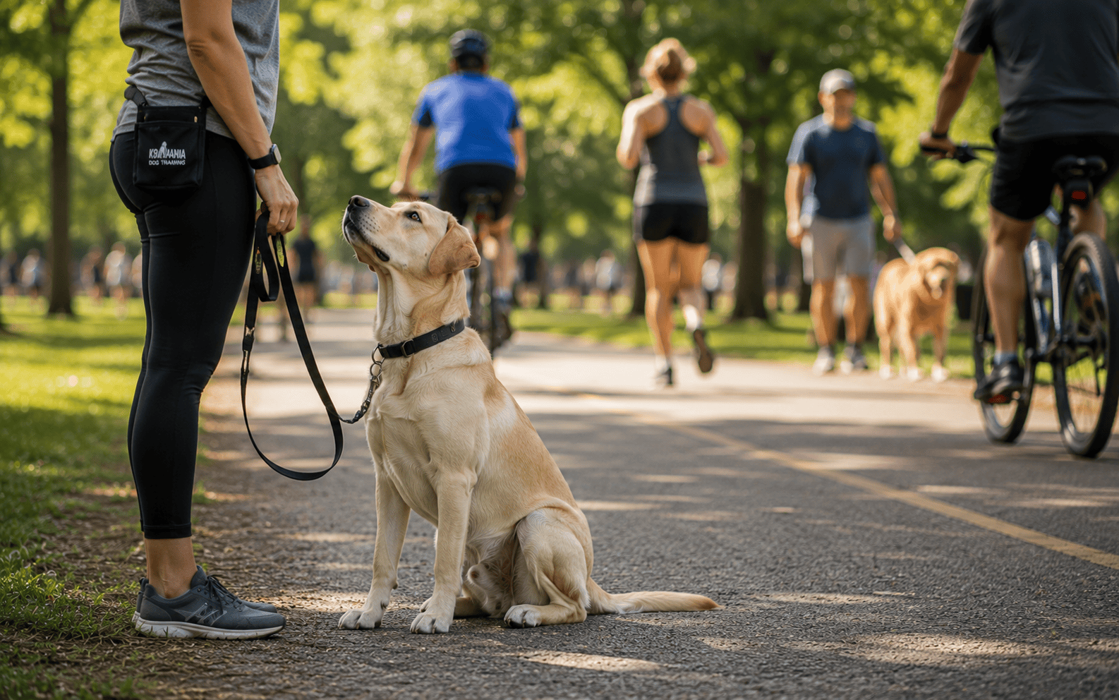 Dog maintaining focus on owner despite distractions at a busy Long Island park