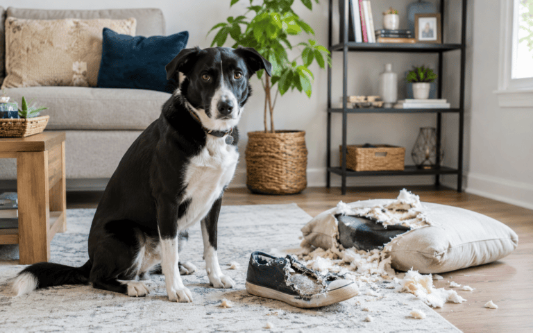 A black and white dog in a living room looks guilty beside a chewed pillow and shoe.