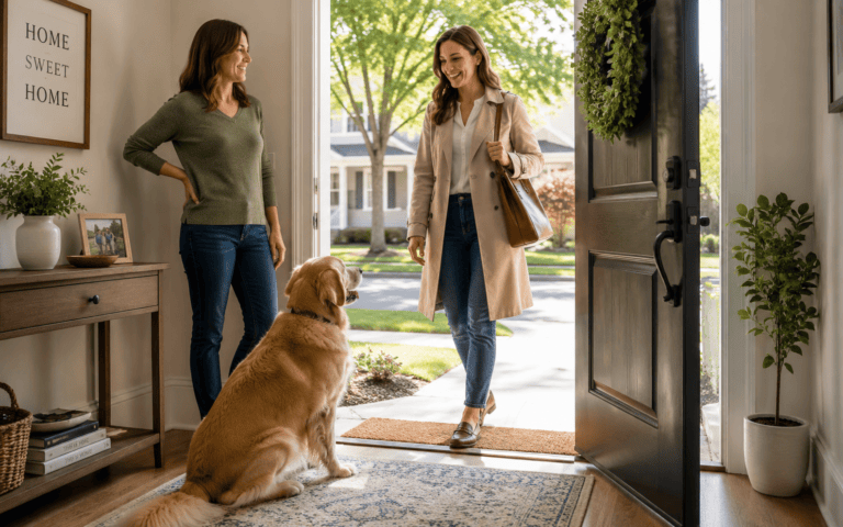 A smiling woman enters a home, welcomed by another woman and a golden retriever at the door.