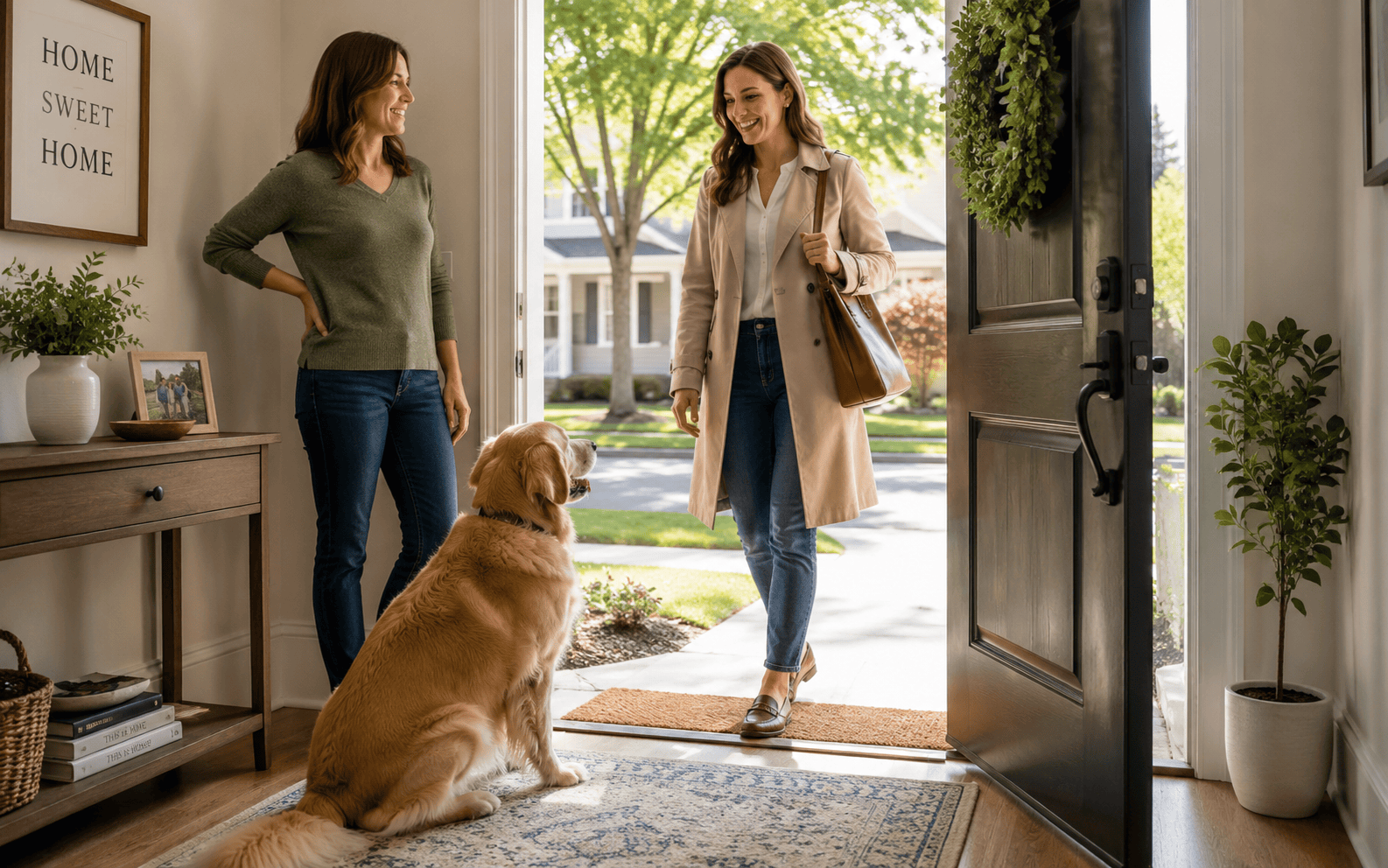 A smiling woman enters a home, welcomed by another woman and a golden retriever at the door.