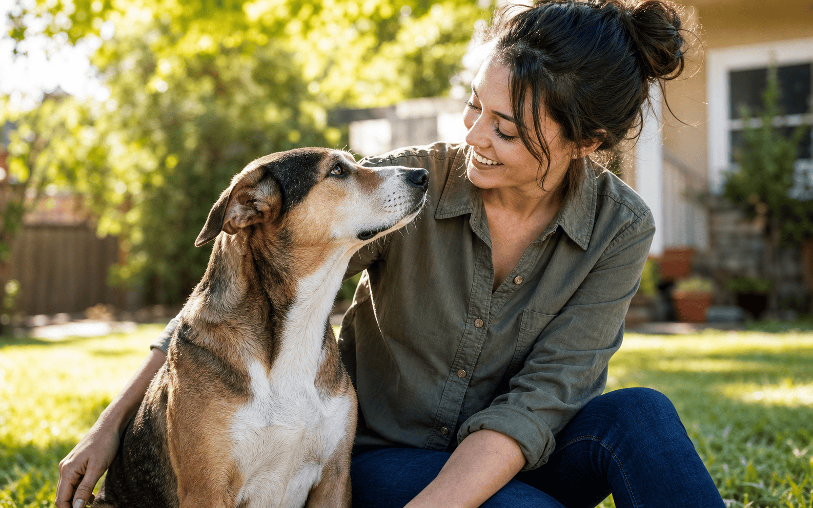 A woman smiles at her dog while sitting on grass outdoors, sunlight shining with trees and a house nearby.