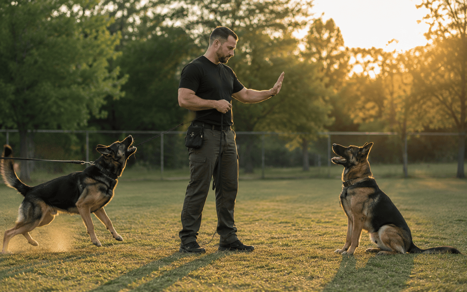 Obedience Training for Aggressive Dogs: Methods, Programs, and What Actually Works 4 A man trains two German Shepherds in a grassy field at sunset, one sitting while the other is barking.
