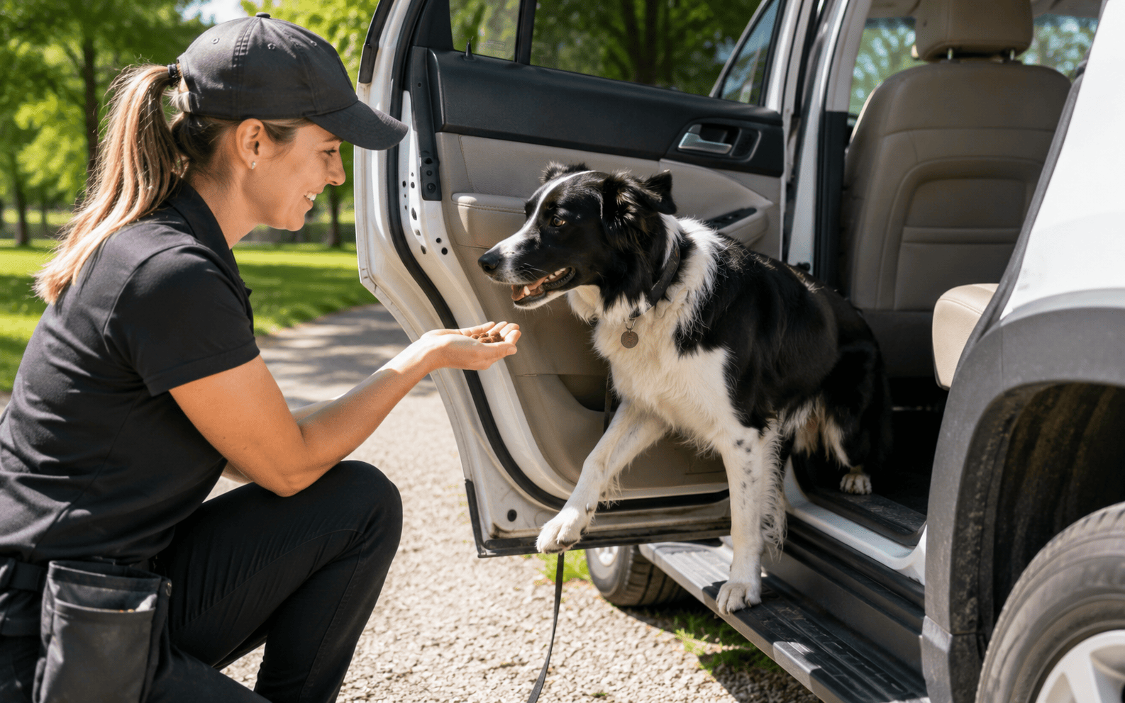 A woman kneels by her car to offer a treat to her black and white dog on a gravel path in the park.