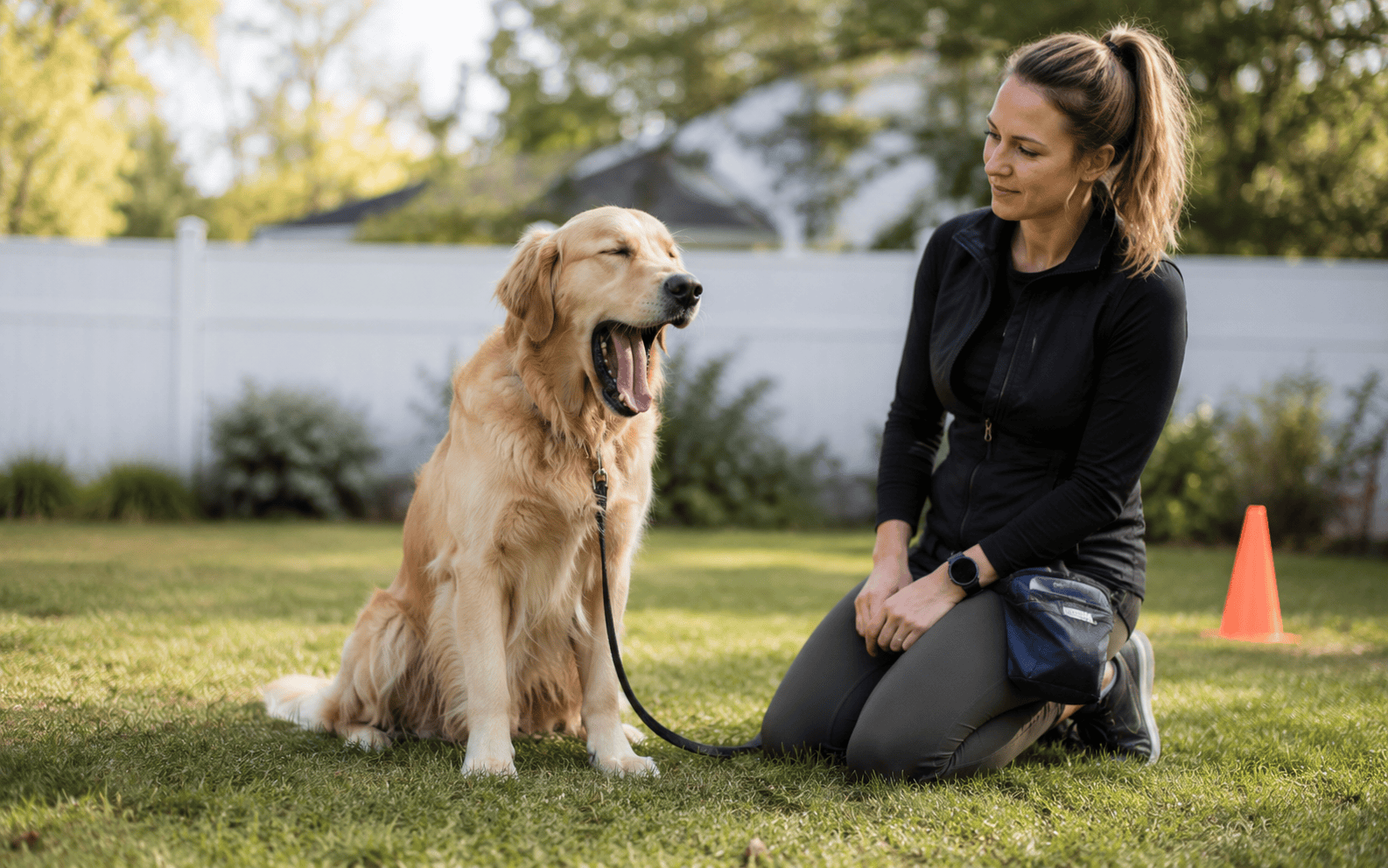 A golden retriever on a leash yawns while next to a kneeling woman in a grassy yard.