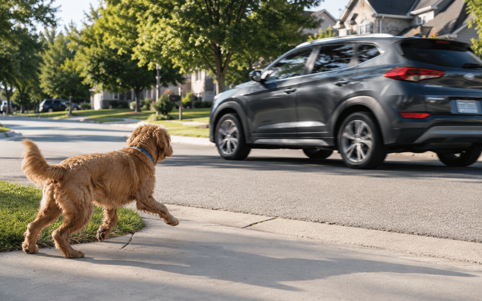 Door Dashing Prevention Dog Training: Stop Your Dog From Bolting Out the Front Door 1 A brown dog stands on the sidewalk in a suburban neighborhood, watching a gray SUV drive by.