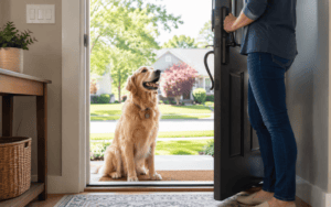 A golden retriever sits at an open front door, looking up at a person inside the house.