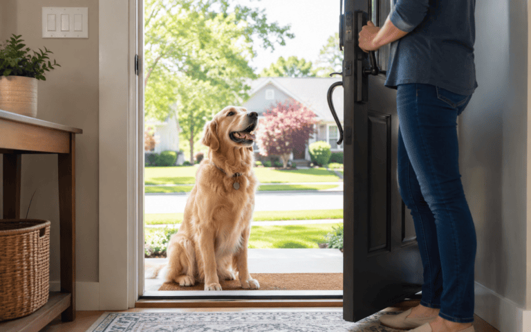 A golden retriever sits at an open front door, looking up at a person inside the house.