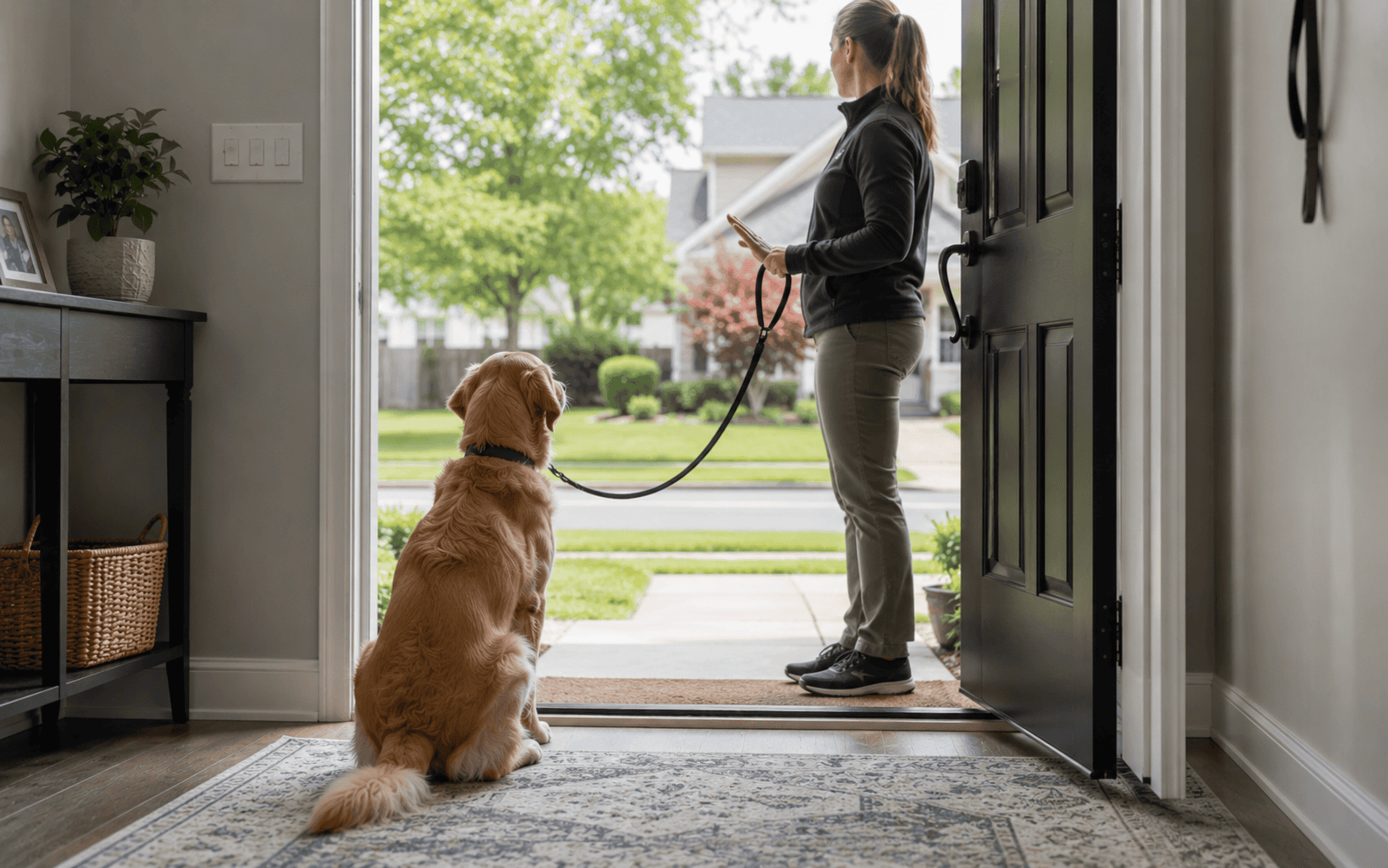Door Dashing Prevention Dog Training: Stop Your Dog From Bolting Out the Front Door 4 A woman holding a dog leash stands by an open door as her golden retriever waits patiently inside.