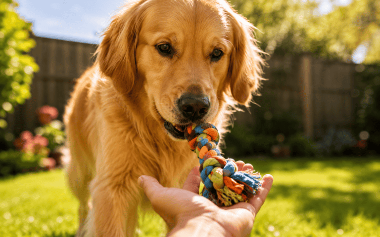 A golden retriever enjoys playing tug-of-war with a colorful rope toy in a sunlit backyard.