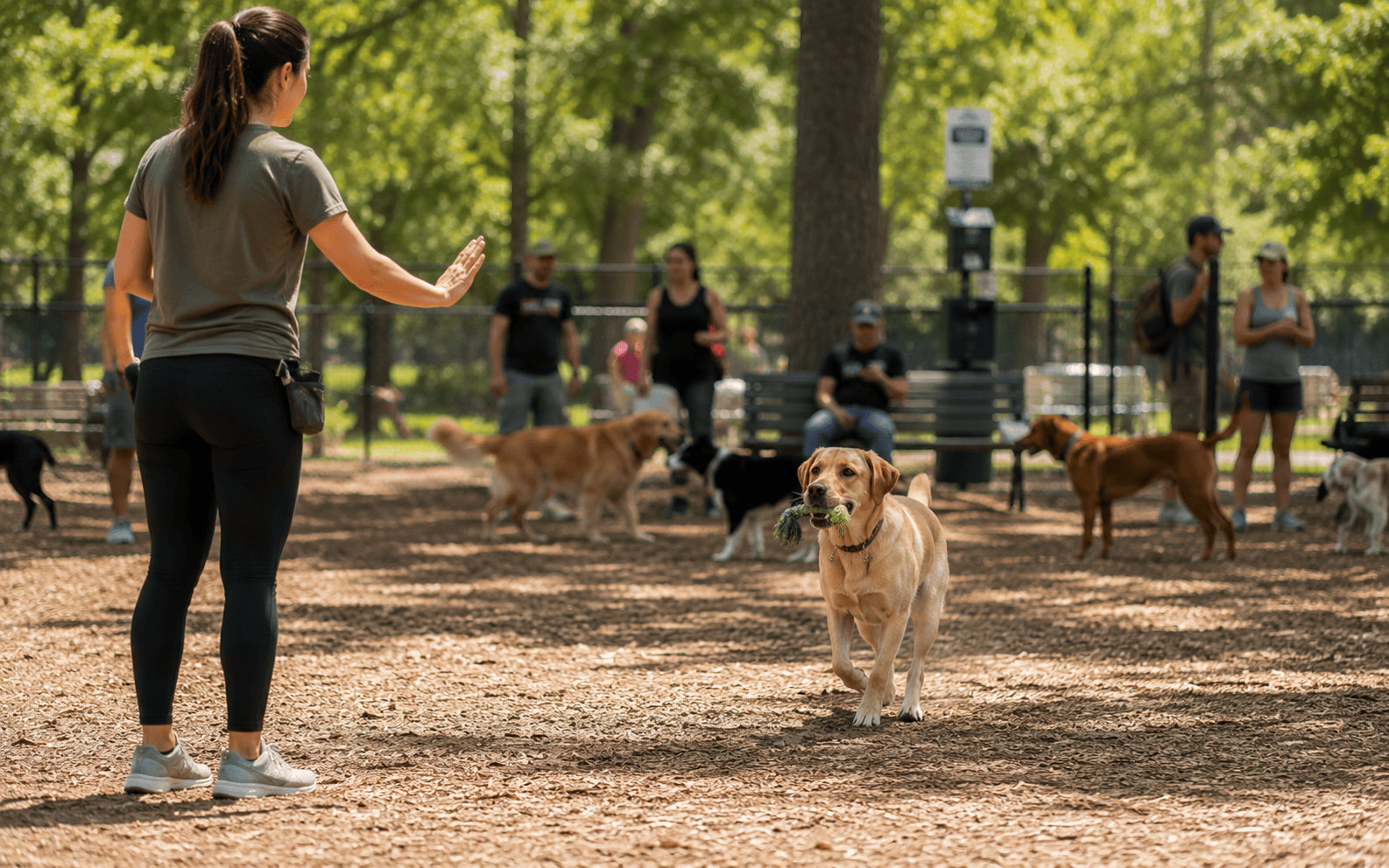 Woman signals to her yellow dog with a toy at a sunlit, busy dog park filled with people and pets.