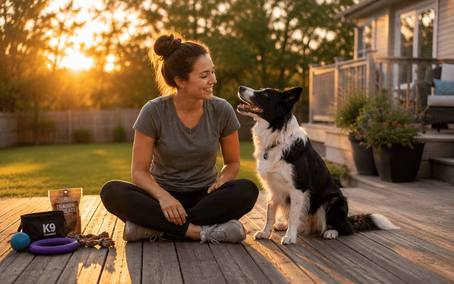 Smiling woman sits on deck with her dog at sunset, training toys and treats visible beside them.