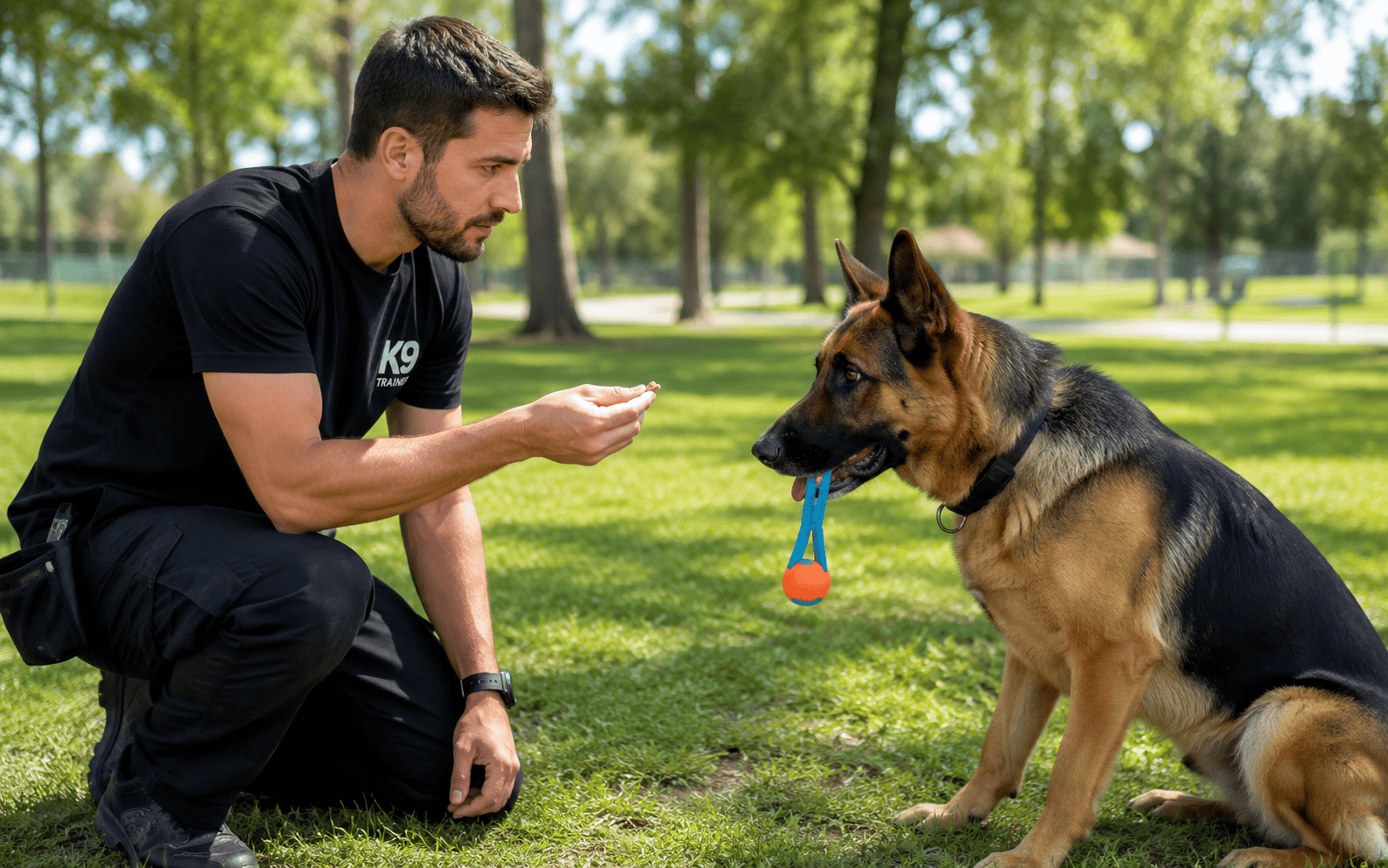 A man in black kneels at a park, offering a treat to a German Shepherd holding a blue toy.