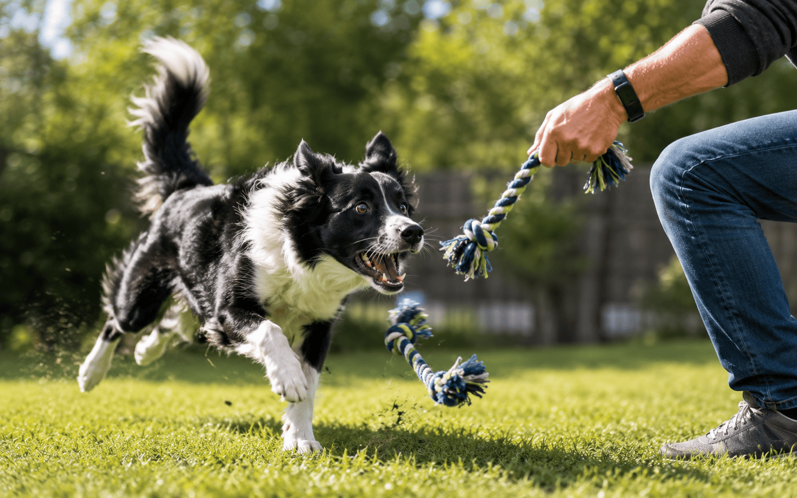 A black and white dog runs on green grass toward a person holding a blue rope toy, excited to play.