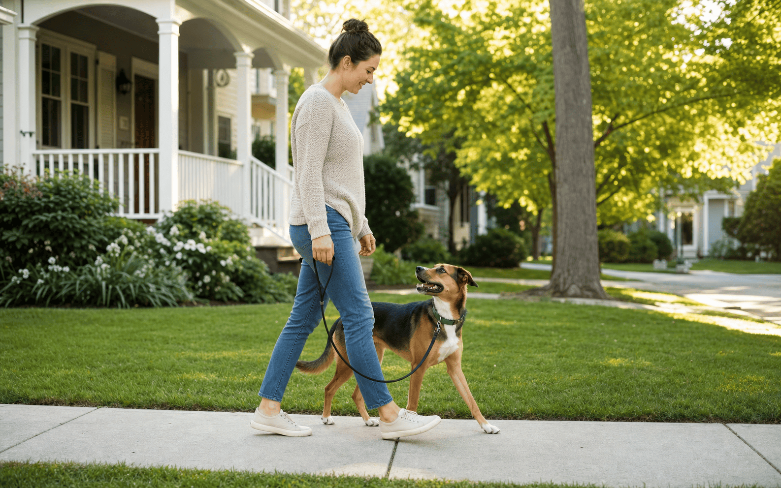Dog Training for Rescue Dogs: What Actually Works and Why It's Different 5 Woman walking a dog on a leash along a suburban sidewalk on a sunny day, surrounded by green lawns and trees.