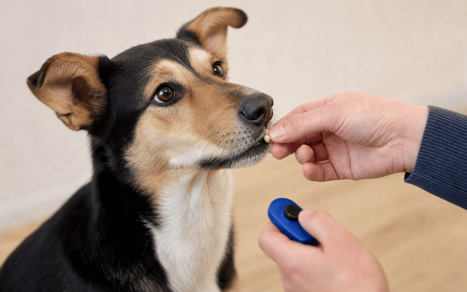 Dog Training for Rescue Dogs: What Actually Works and Why It's Different 2 Person using a clicker and treat to train a dog, with the dog focused on the training session.