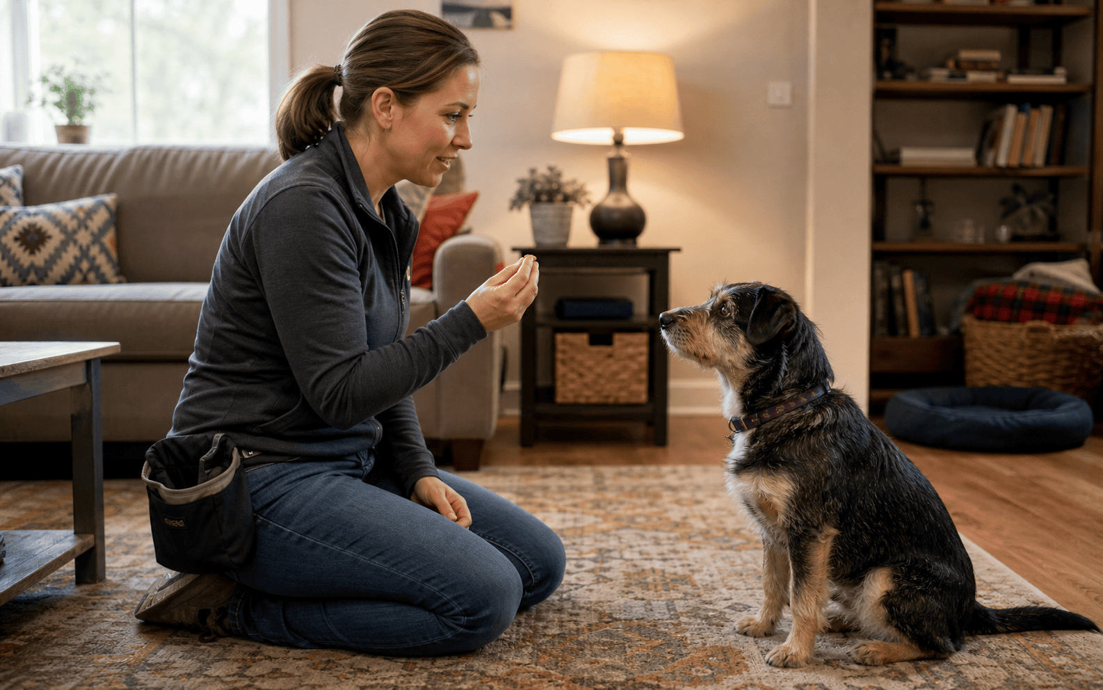 Dog Training for Rescue Dogs: What Actually Works and Why It's Different 4 A woman kneels on a rug, holding a treat and training her dog in a cozy living room setting.