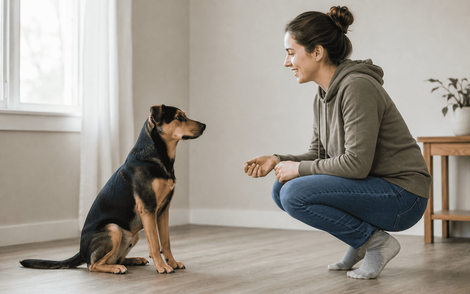 Dog Training for Rescue Dogs: What Actually Works and Why It's Different 3 Woman kneeling on floor, smiling at a black and tan dog near a window in an indoor setting.
