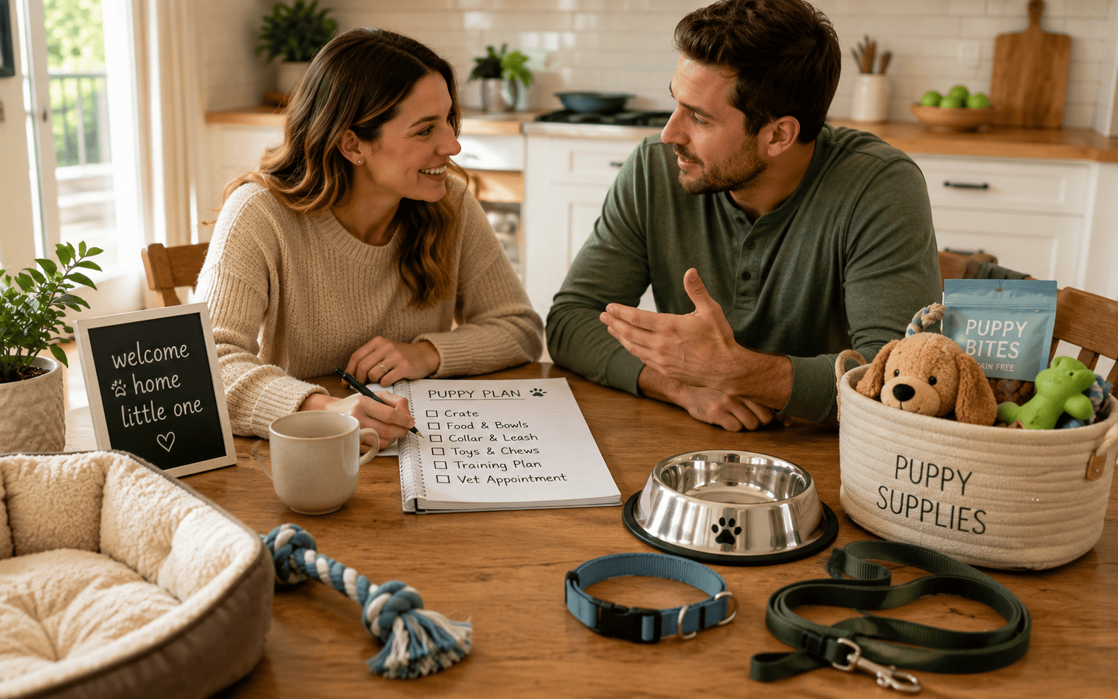 Dog Training Before Bringing Home a Puppy: What Smart Owners Do First 1 A couple plans for a new puppy at a table covered in puppy supplies, using a checklist and notes.
