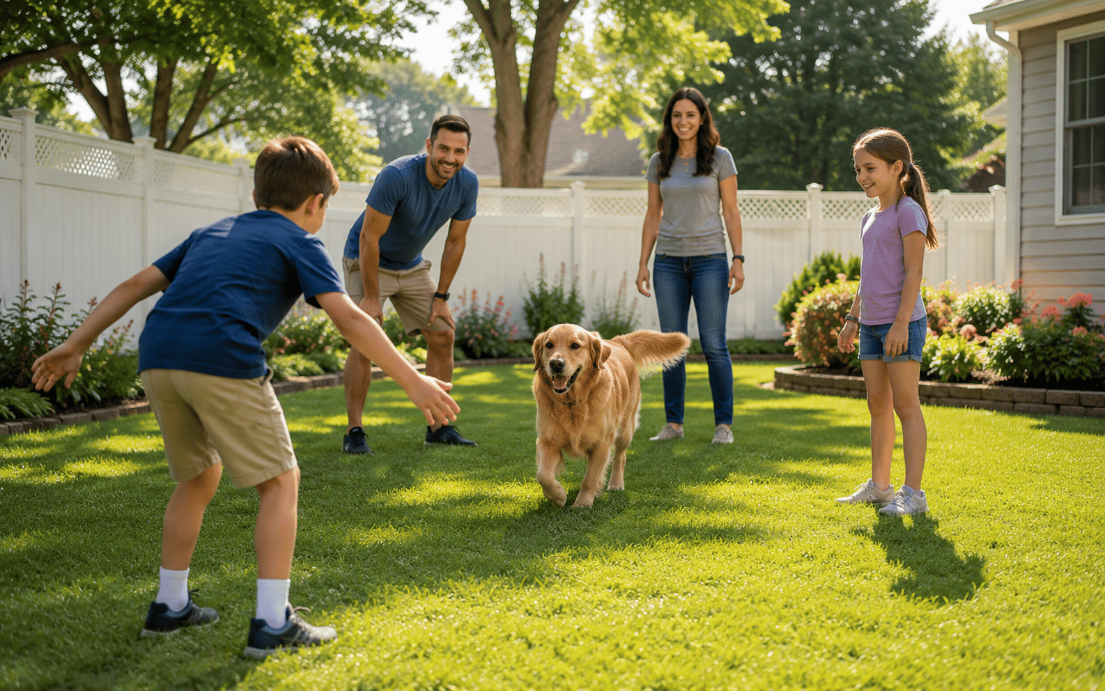 Family practicing consistent recall training with their dog in a suburban backyard