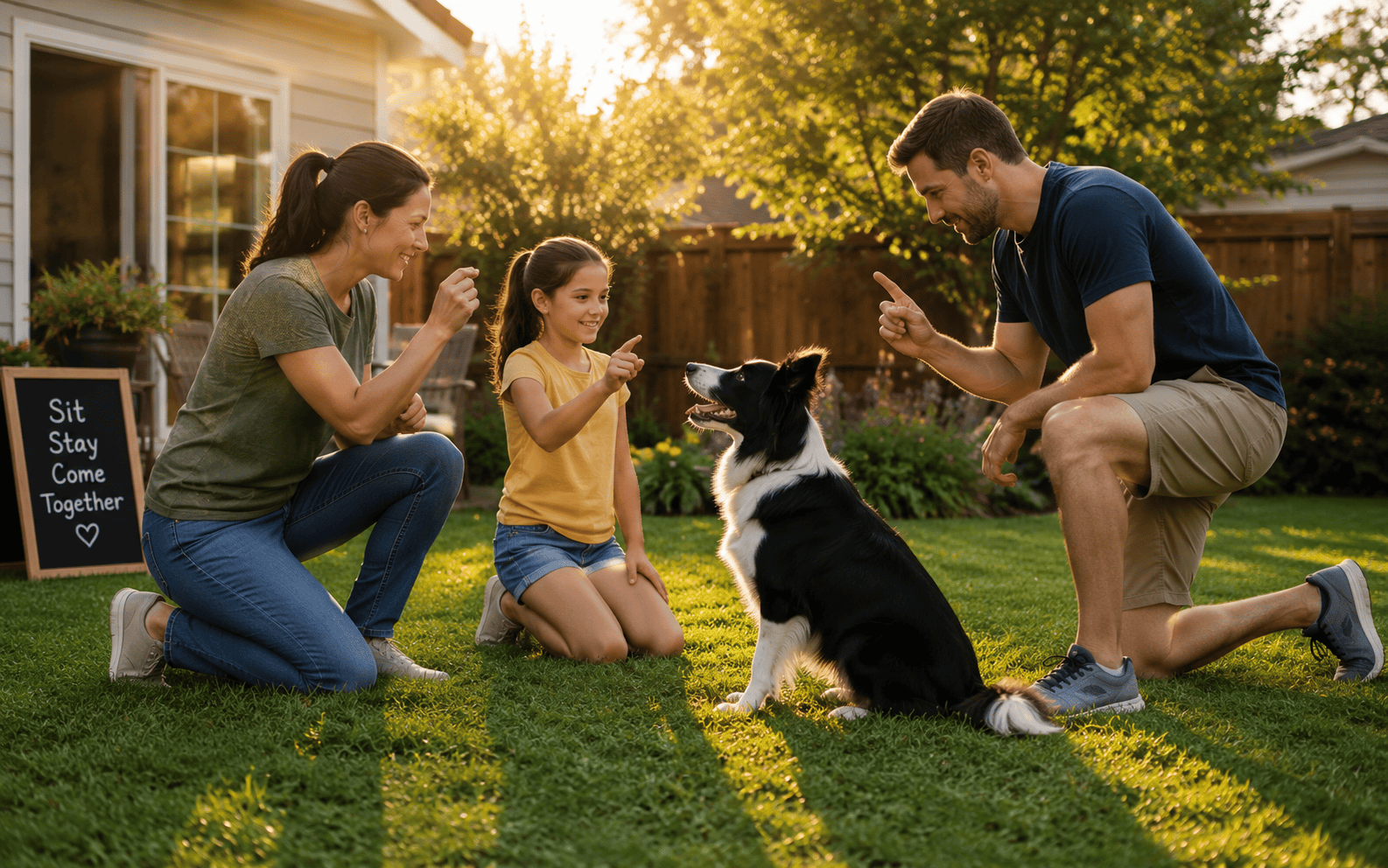 Online Dog Training Courses Benefits: What Every Dog Owner Should Know Before Enrolling 4 A smiling family trains their black and white dog to sit in a sunny backyard, all engaged together.